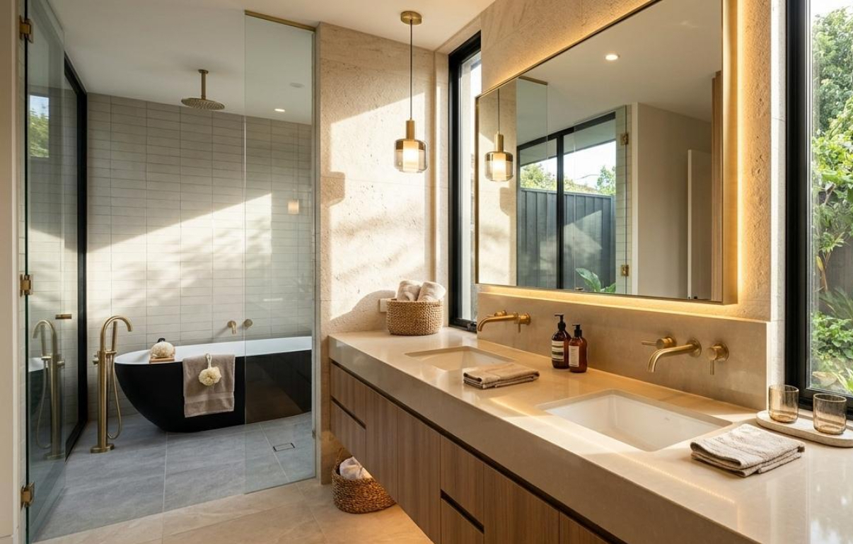 Warm, immaculate luxury bathroom in neutral tones