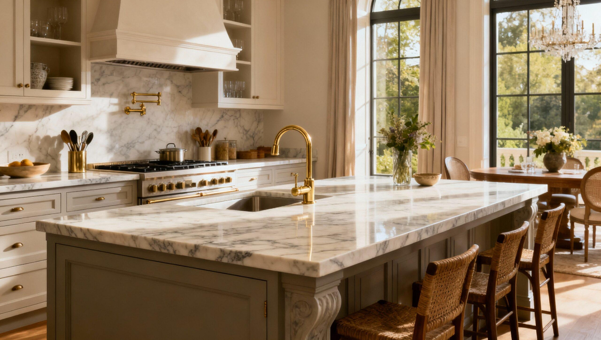 Polished luxury kitchen with marble counters and brass fixtures